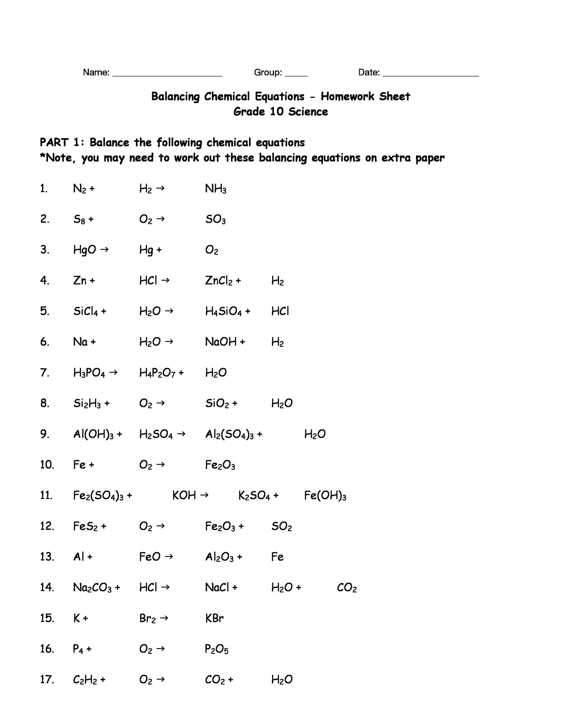 Balancing Equation Worksheet with Answers Balancing Chemical Equations Worksheets with Answers 8th