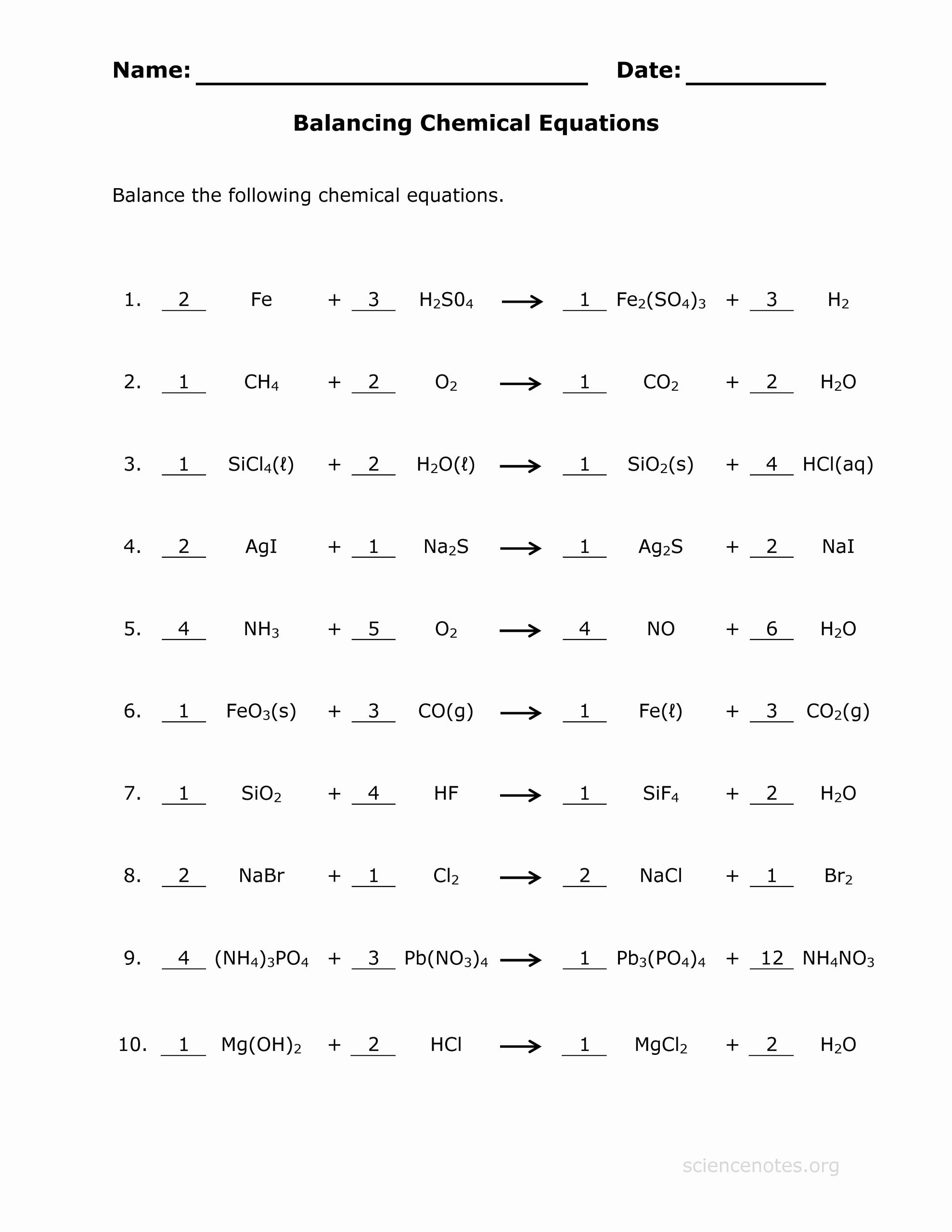 Balancing Equations Practice Worksheet Answers Balance Chemical Equations Quiz Tessshebaylo