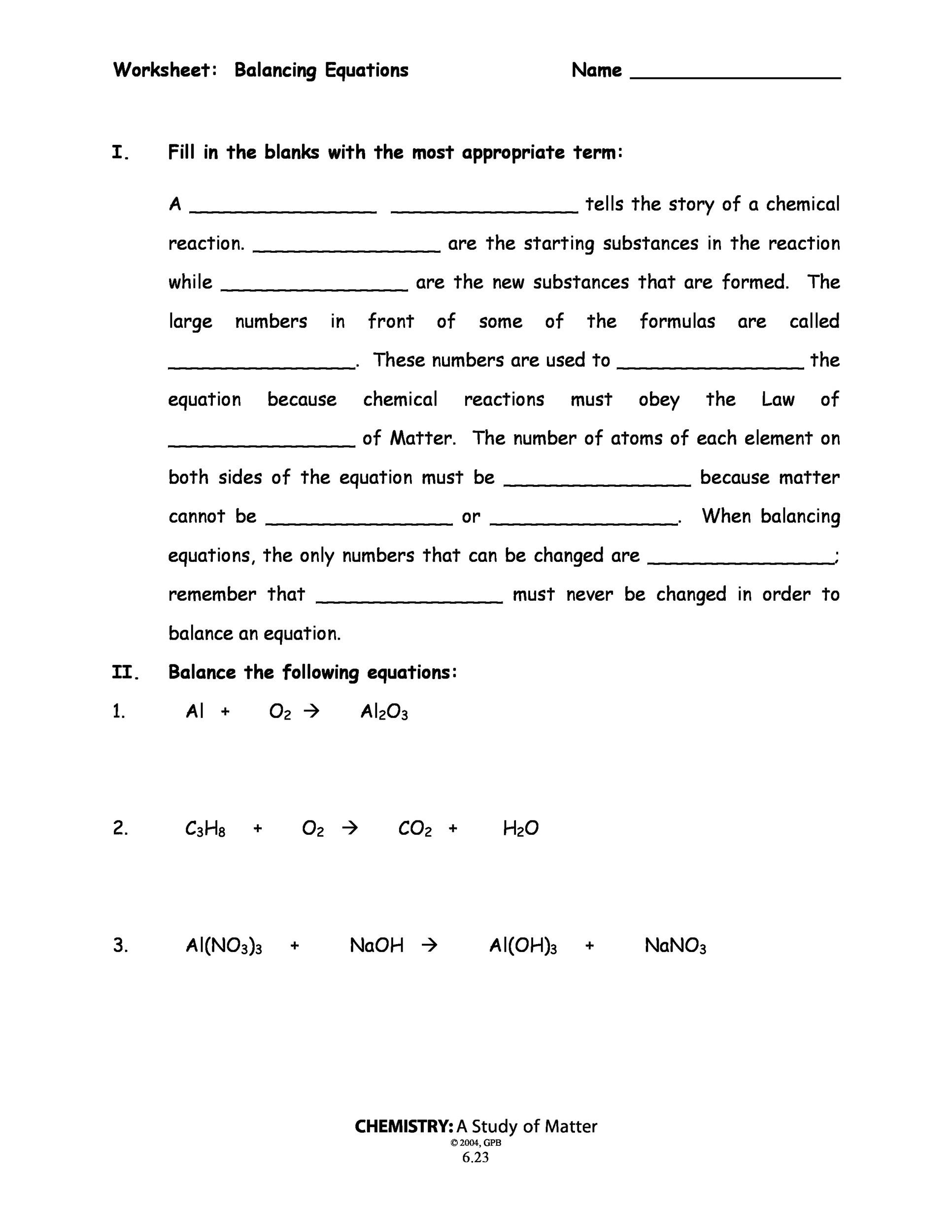 Balancing Equations Practice Worksheet Answers Balancing Chemical Equations Worksheet 2 Answer Key