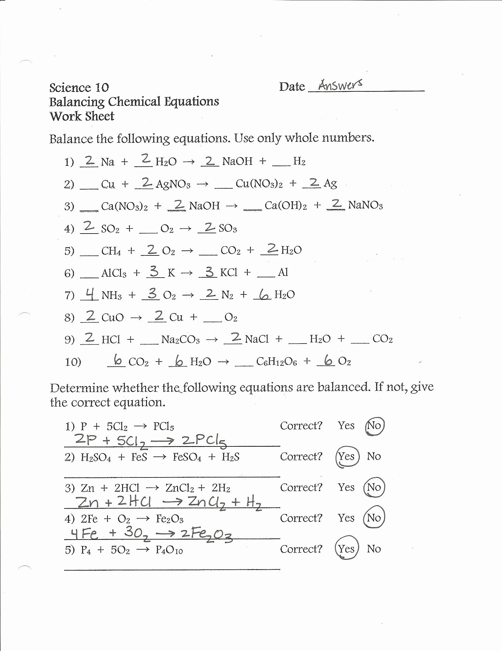 Balancing Equations Practice Worksheet Answers Balancing Equations Worksheet Physical Science