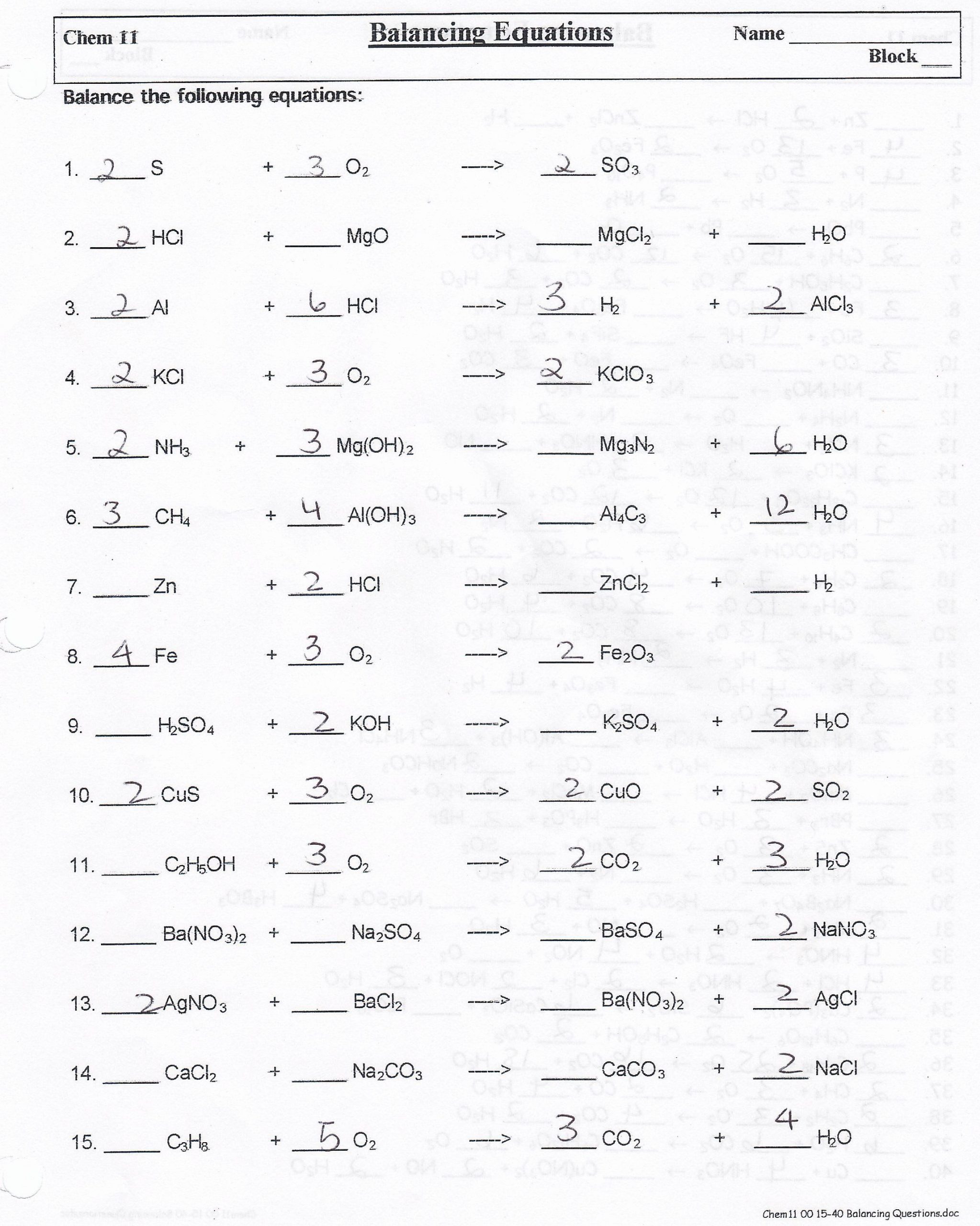 Balancing Equations Practice Worksheet Answers Worksheet 2 Balancing Chemical Equations