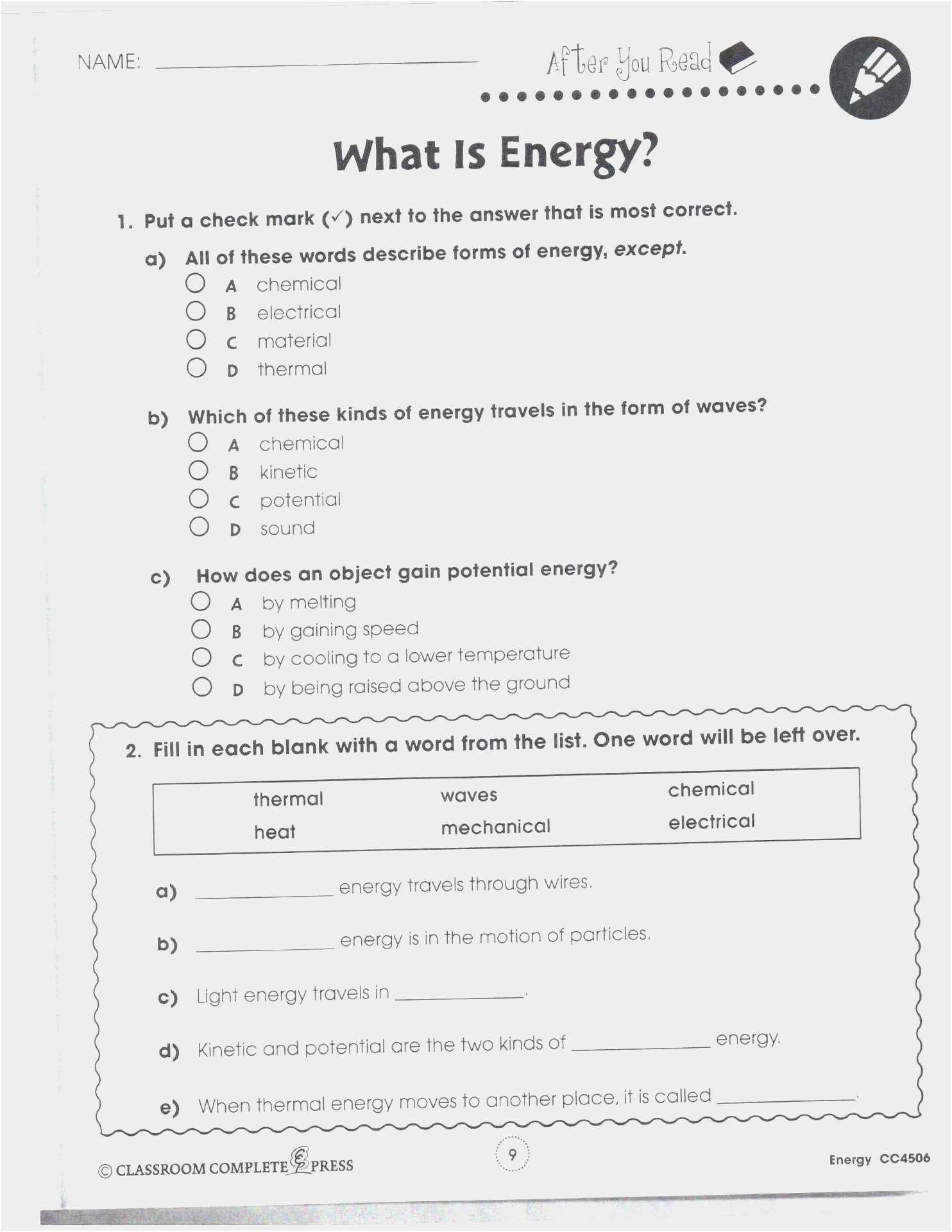 Bill Nye Energy Worksheet Light Class 8 Worksheets with Answers