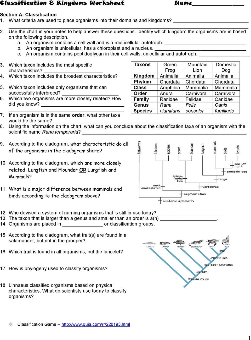 Biological Classification Worksheet Answers Classification &amp; Kingdoms Worksheet Pdf Free Download