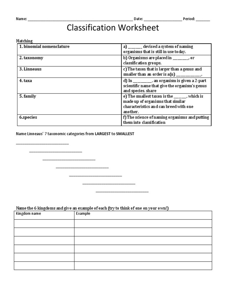 Biological Classification Worksheet Answers Classification Worksheet Genus Taxonomy Biology