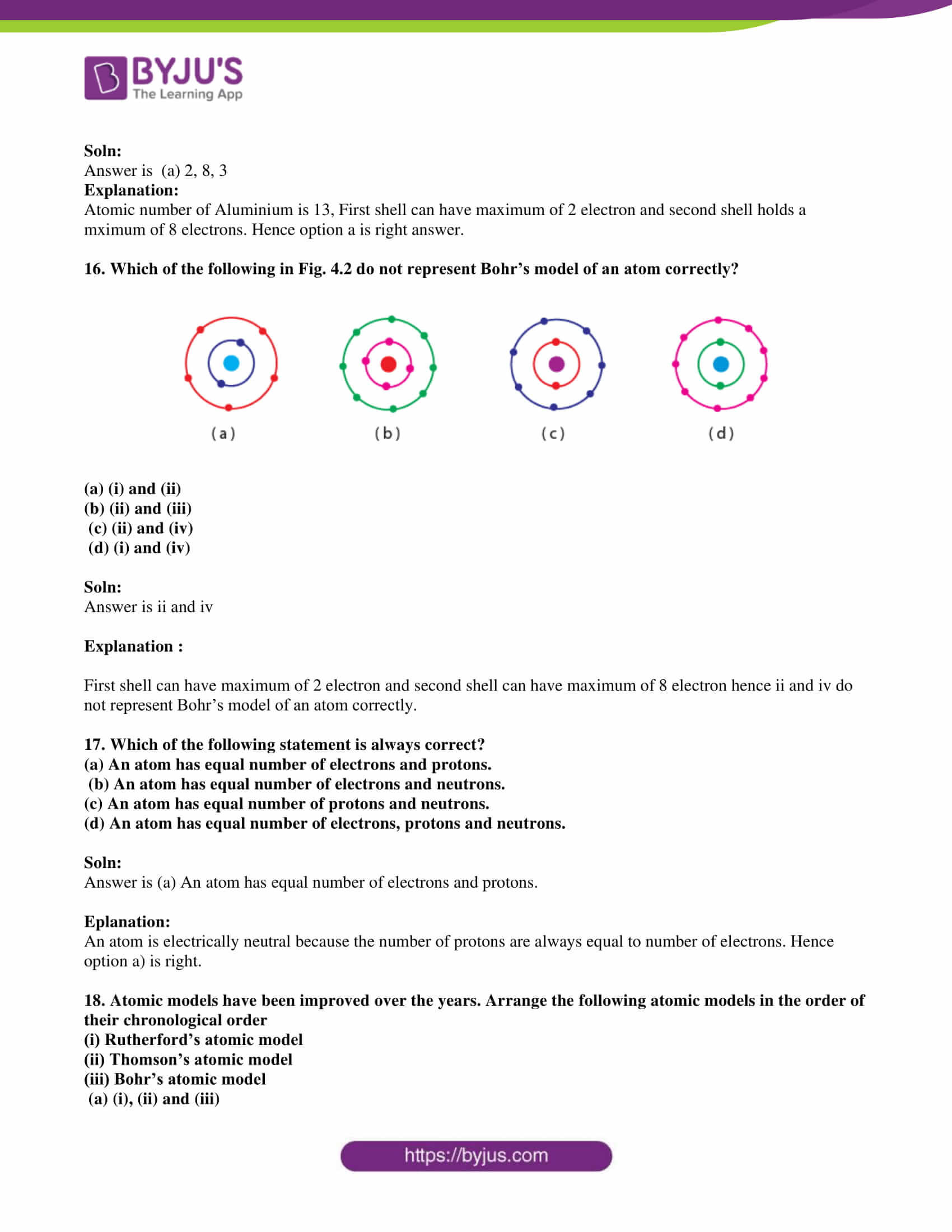 Bohr atomic Models Worksheet Answers Ncert Exemplar Class 9 Science solutions Chapter 4