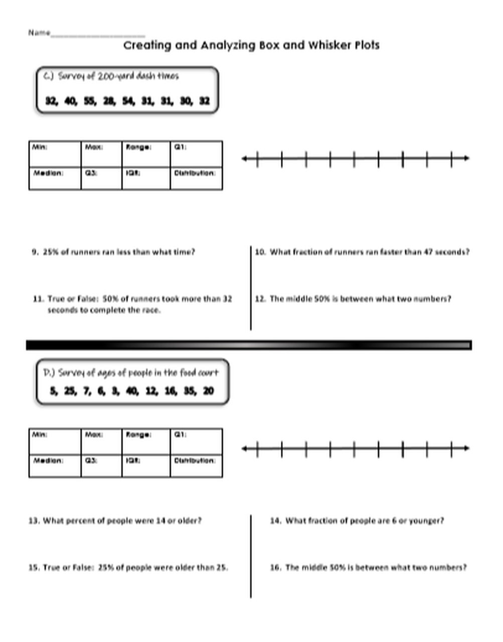 Box and Whisker Plot Worksheet Create and Analyze Box &amp; Whisker Plots