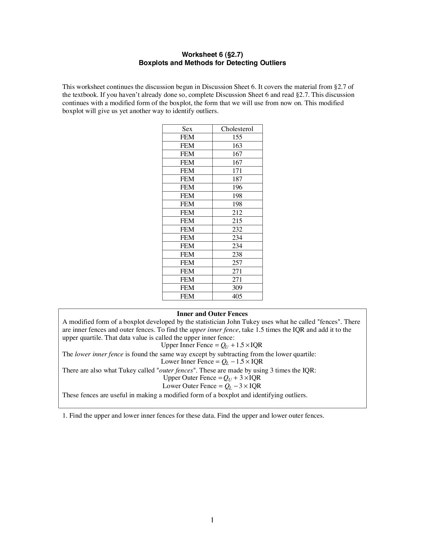Box and Whisker Plot Worksheet Worksheet 6 §2 7 Boxplots and Methods for Detecting Pages