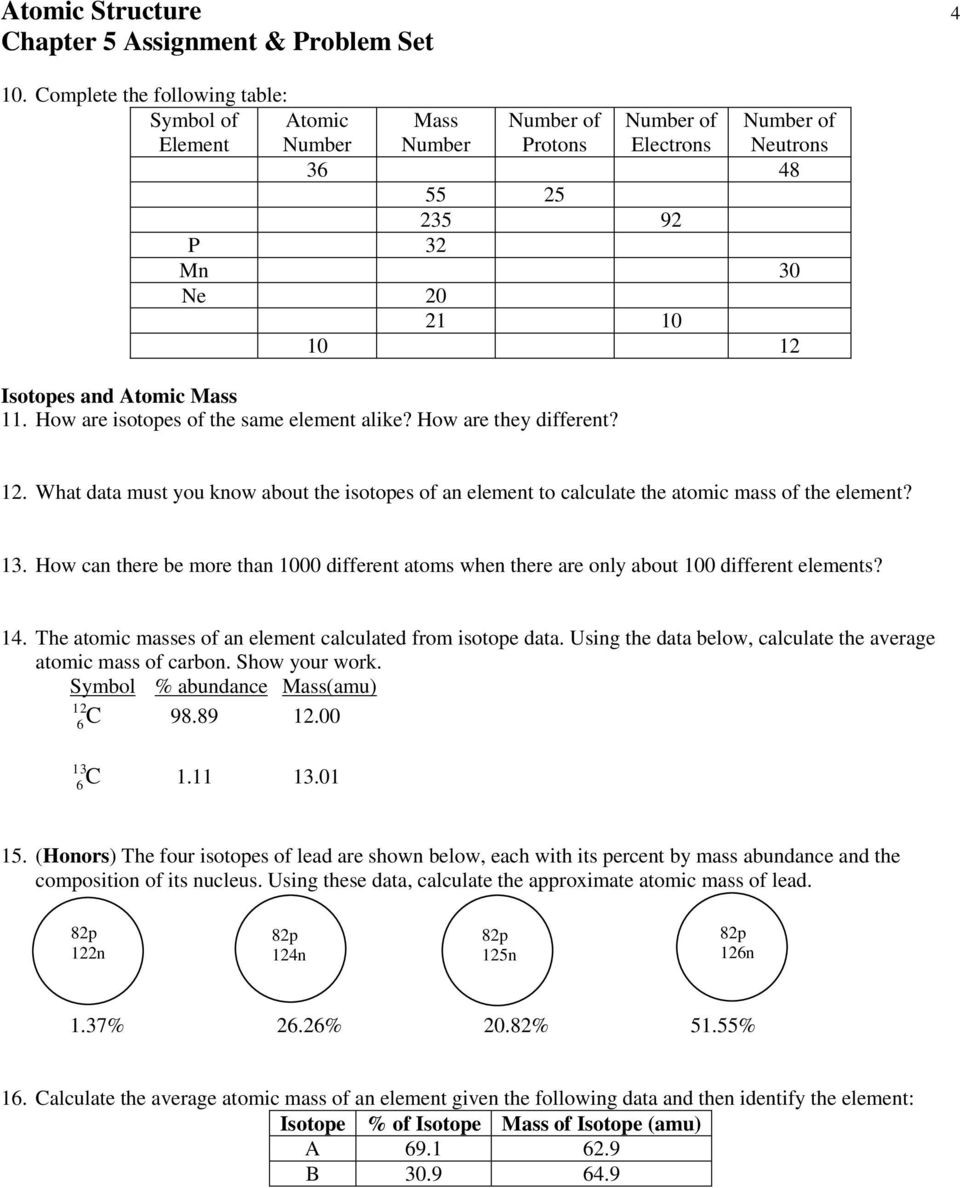 Calculating Average atomic Mass Worksheet atomic Structure Chapter 5 assignment &amp; Problem Set Pdf