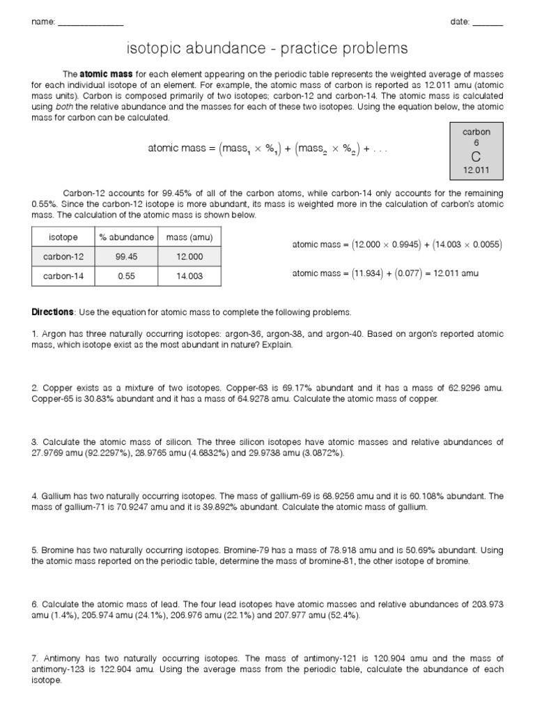 Calculating Average atomic Mass Worksheet Average atomic Mass and Percent Abundance Worksheet 2 and