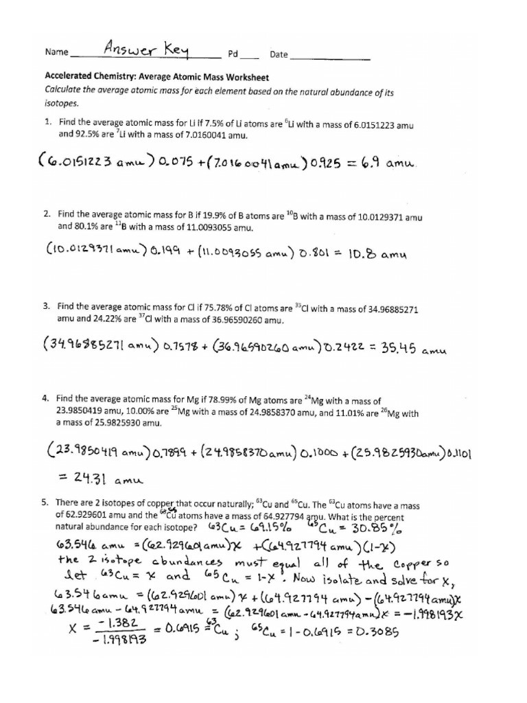 Calculating Average atomic Mass Worksheet Average atomic Mass Worksheet Answer Key