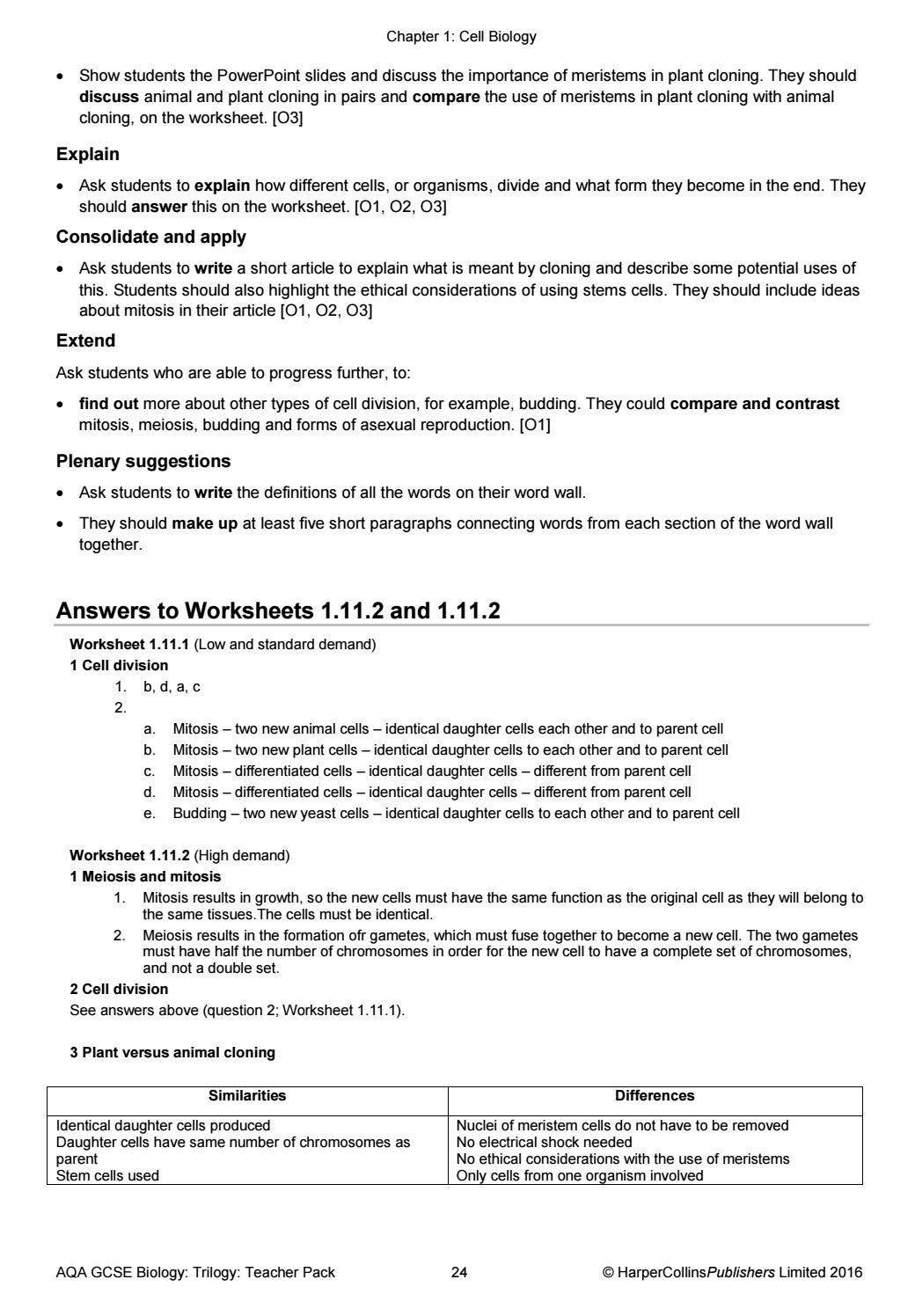 Cell Division Worksheet Answers Aqa Gcse 9 1 Bined Science Trilogy Teacher Pack by