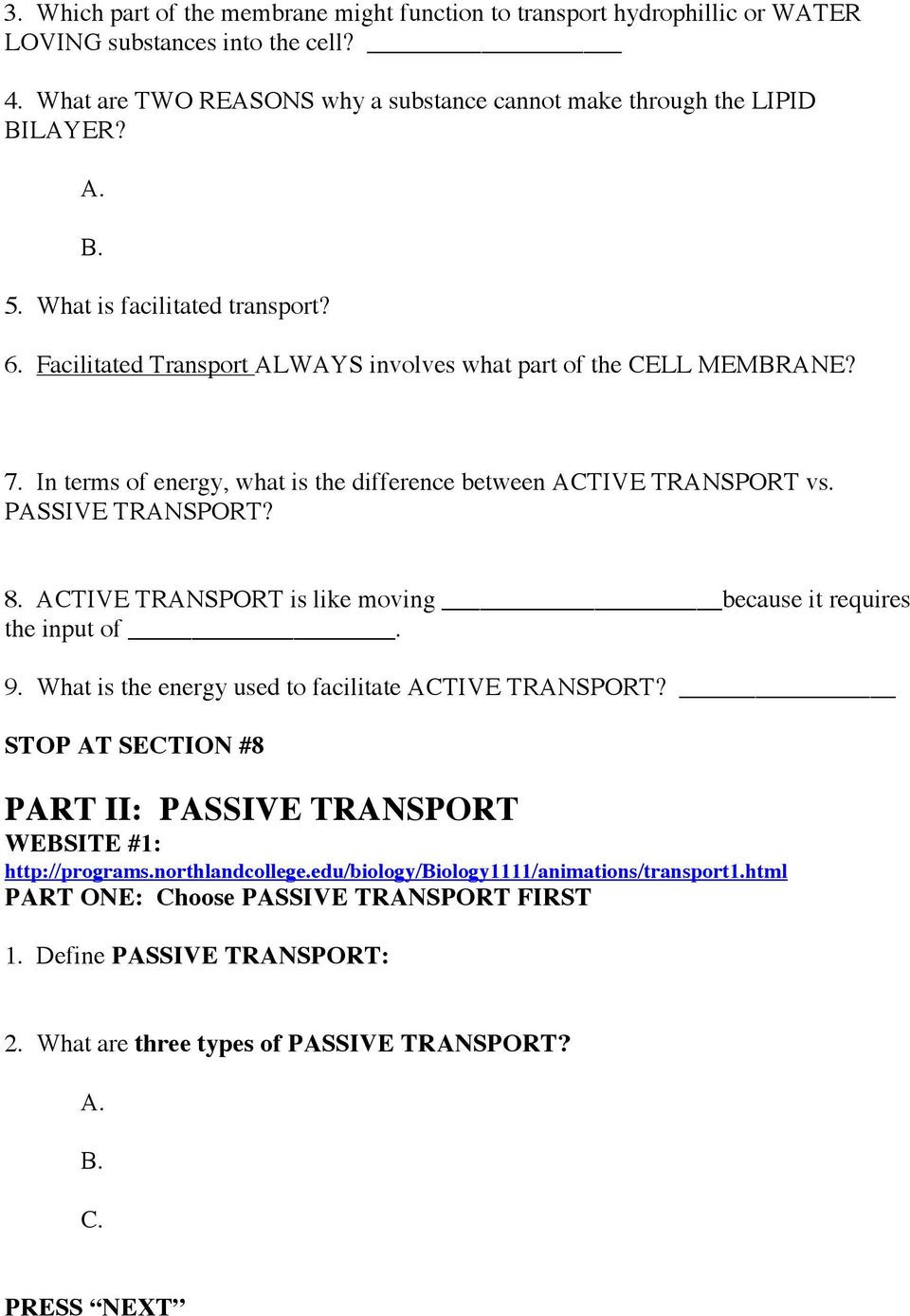 Cell Transport Worksheet Answers Cell Membrane &amp; Cell Transport Passive and Active Webquest