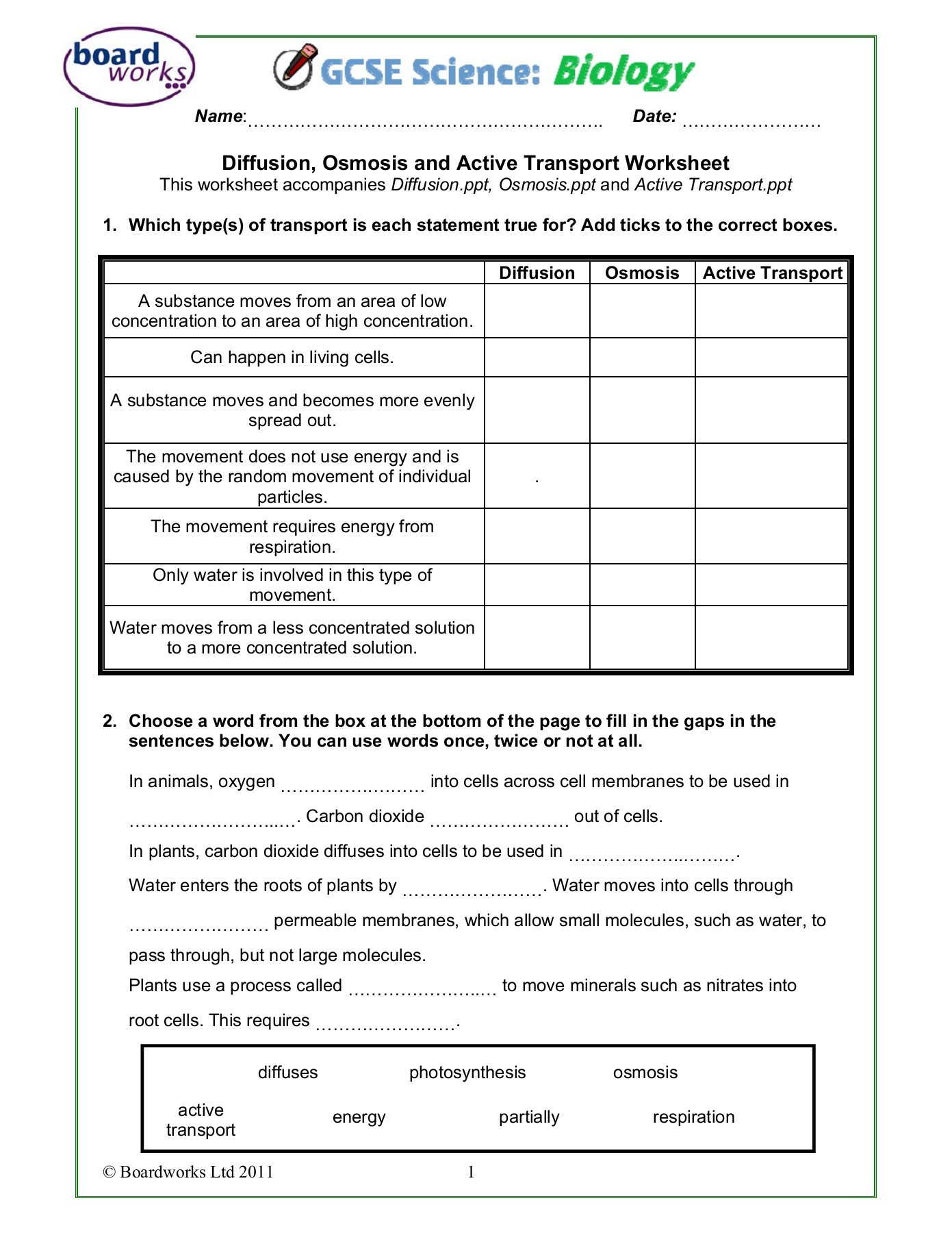 Cell Transport Worksheet Answers Diffusion Osmosis and Active Transport Worksheet Pages 1 4