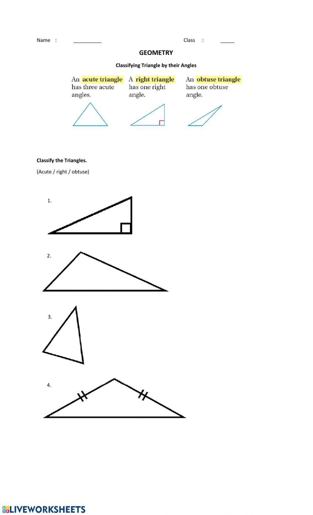 Centers Of Triangles Worksheet Classifying Triangles by their Angles Geometry Worksheet