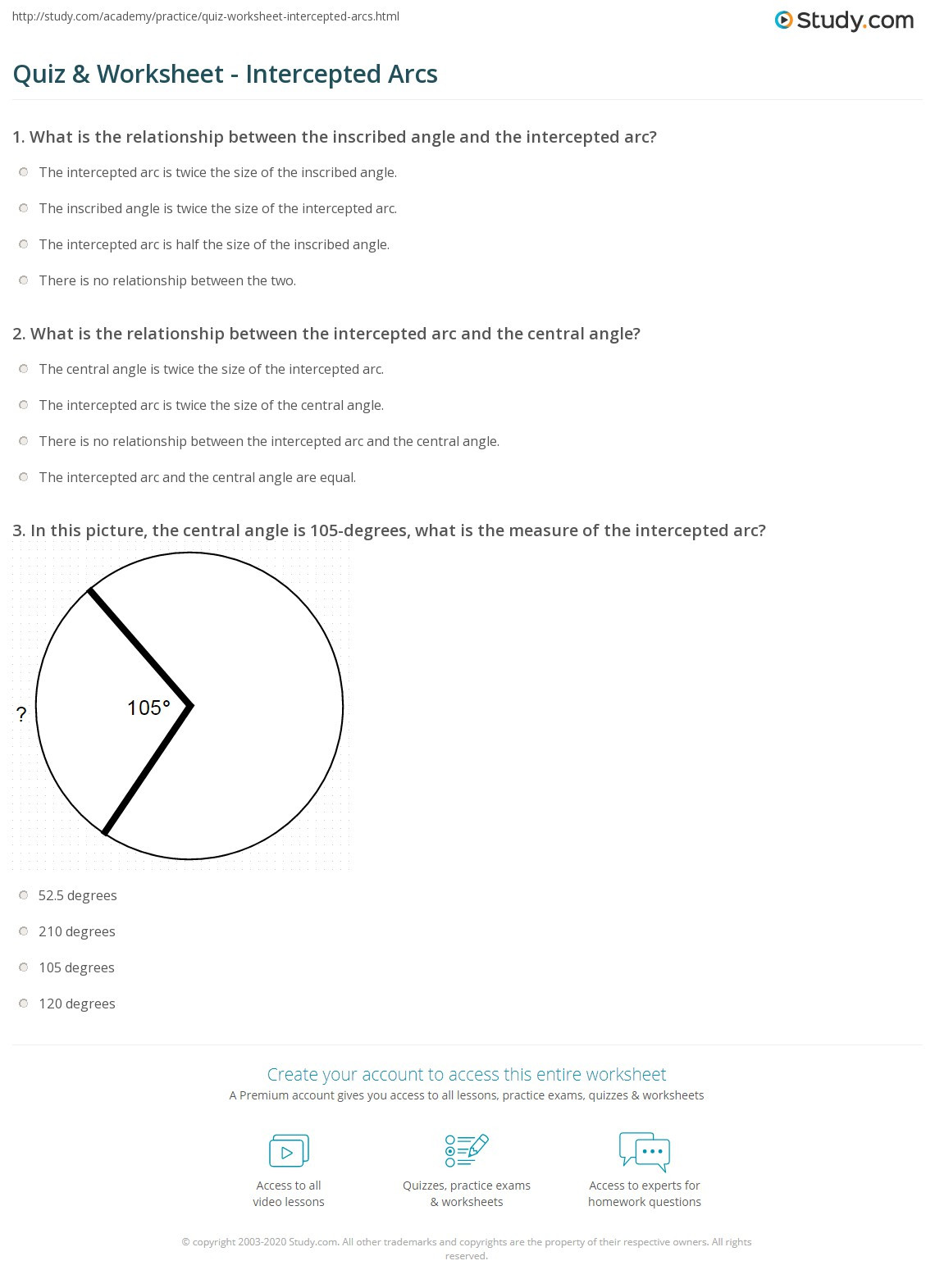 Central and Inscribed Angle Worksheet Quiz &amp; Worksheet Intercepted Arcs