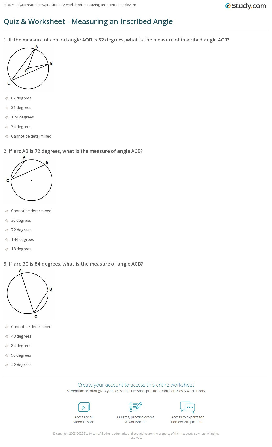 Central and Inscribed Angle Worksheet Quiz &amp; Worksheet Measuring An Inscribed Angle