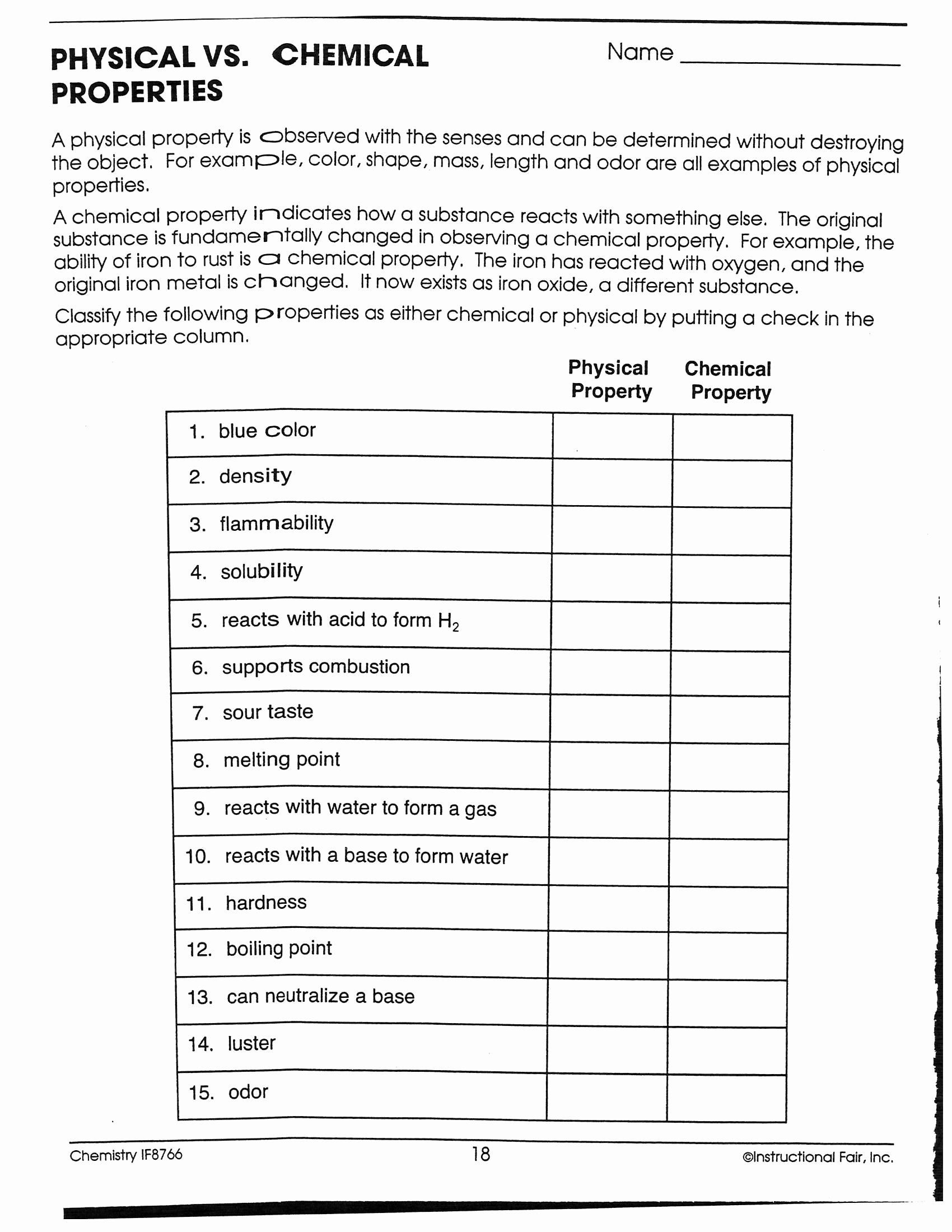 Changes In Matter Worksheet Physical Properties Matter Worksheet Unique Physical and