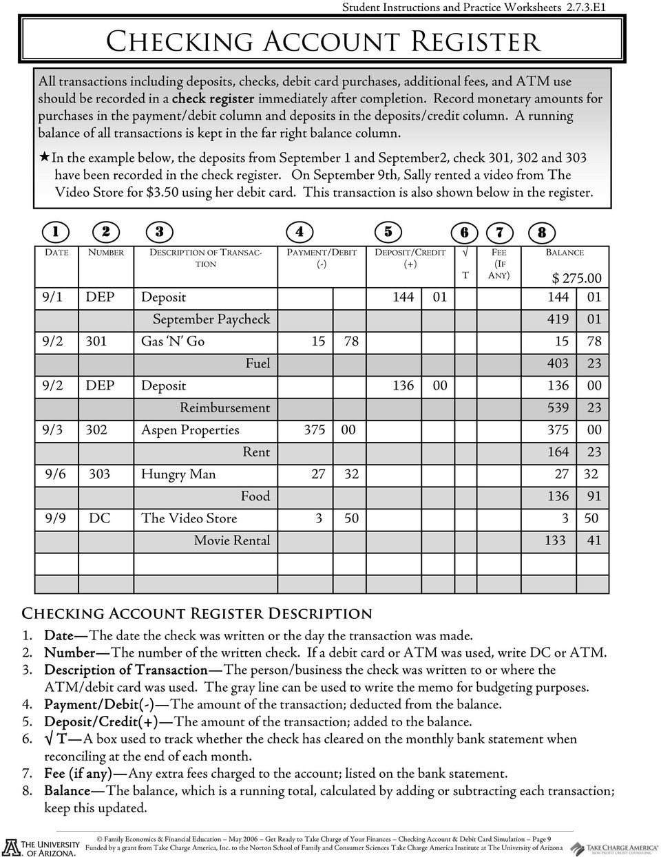 Checkbook Register Worksheet 1 Answers