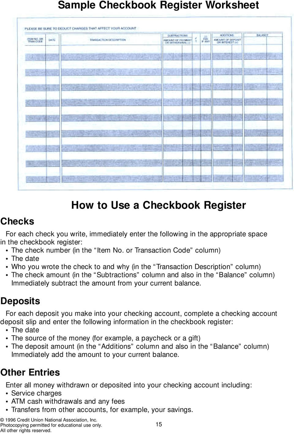 Checkbook Register Worksheet 1 Answers