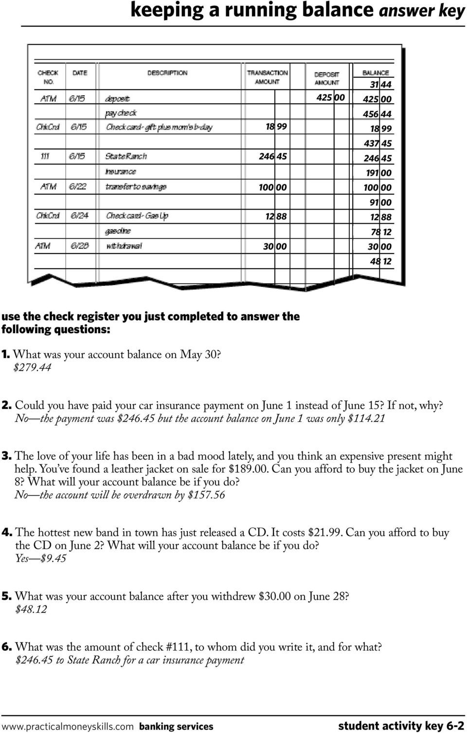 Checkbook Register Worksheet 1 Answers