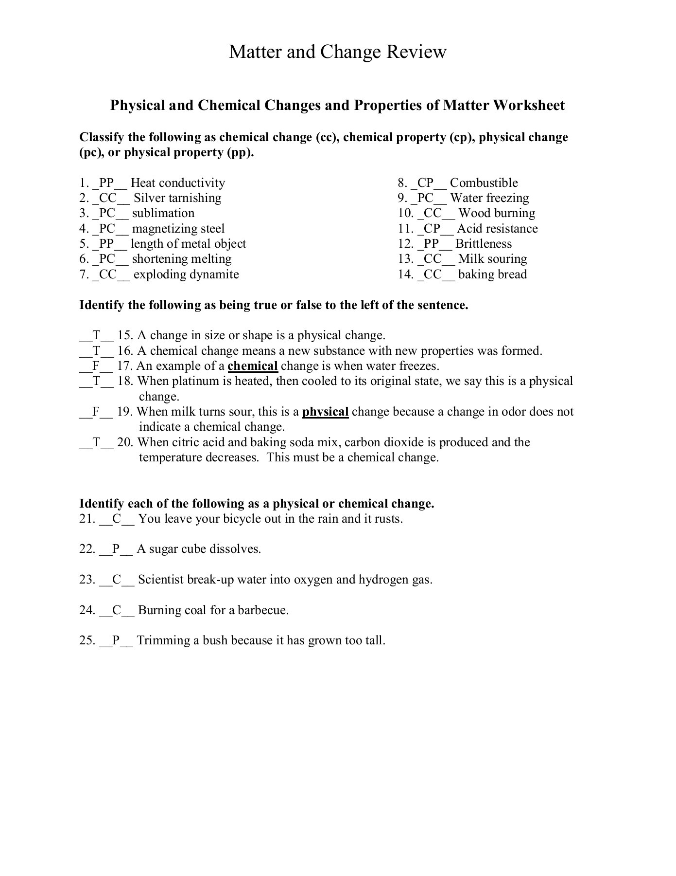 Chemical and Physical Change Worksheet Matter and Change Review Campusesrtbendisd Pages 1