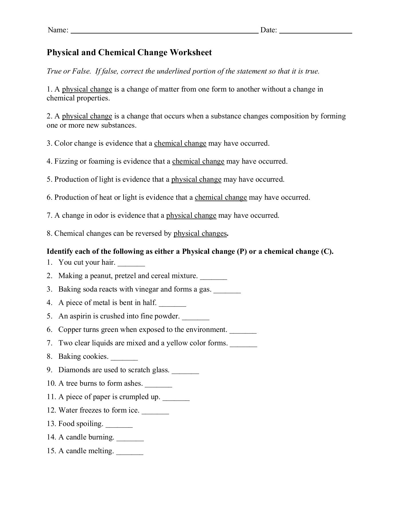 Chemical and Physical Change Worksheet Physical and Chemical Change Worksheet