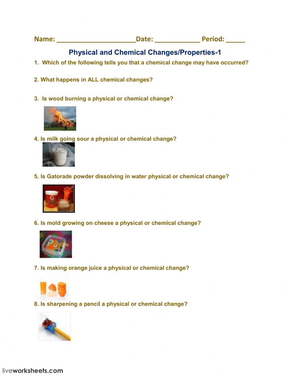 Chemical and Physical Change Worksheet Physical and Chemical Changes Properties 1 Interactive