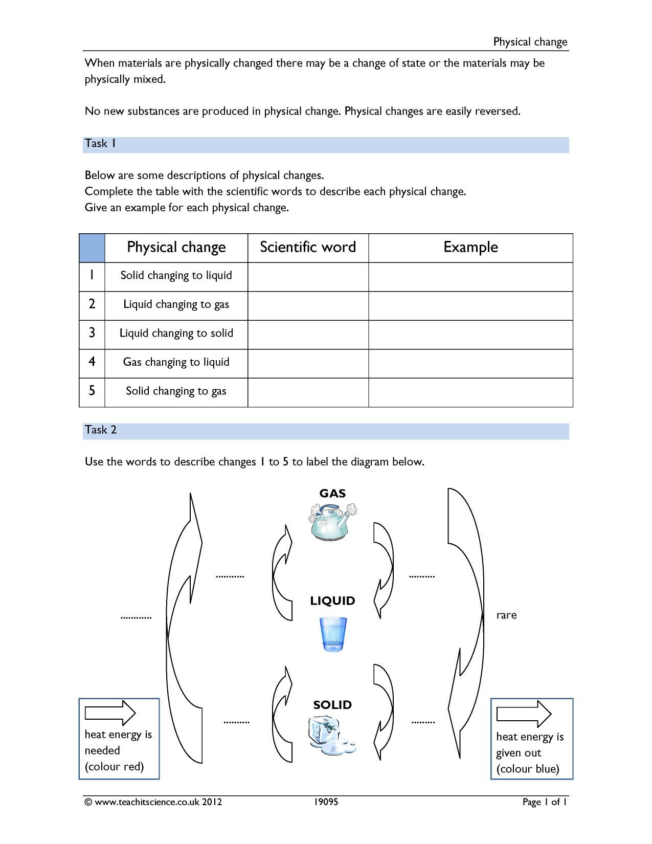 Chemical and Physical Change Worksheet Physical Change