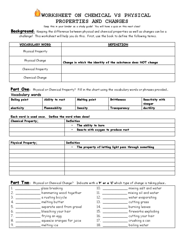 Chemical and Physical Change Worksheet Unit 2 Physical and Chemical Change Worksheet