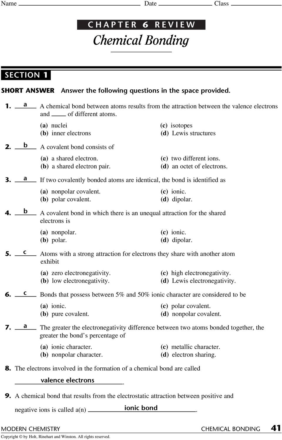 Chemical Bonding Worksheet Answers Chapter 6 Review Chemical Bonding Answer the Following