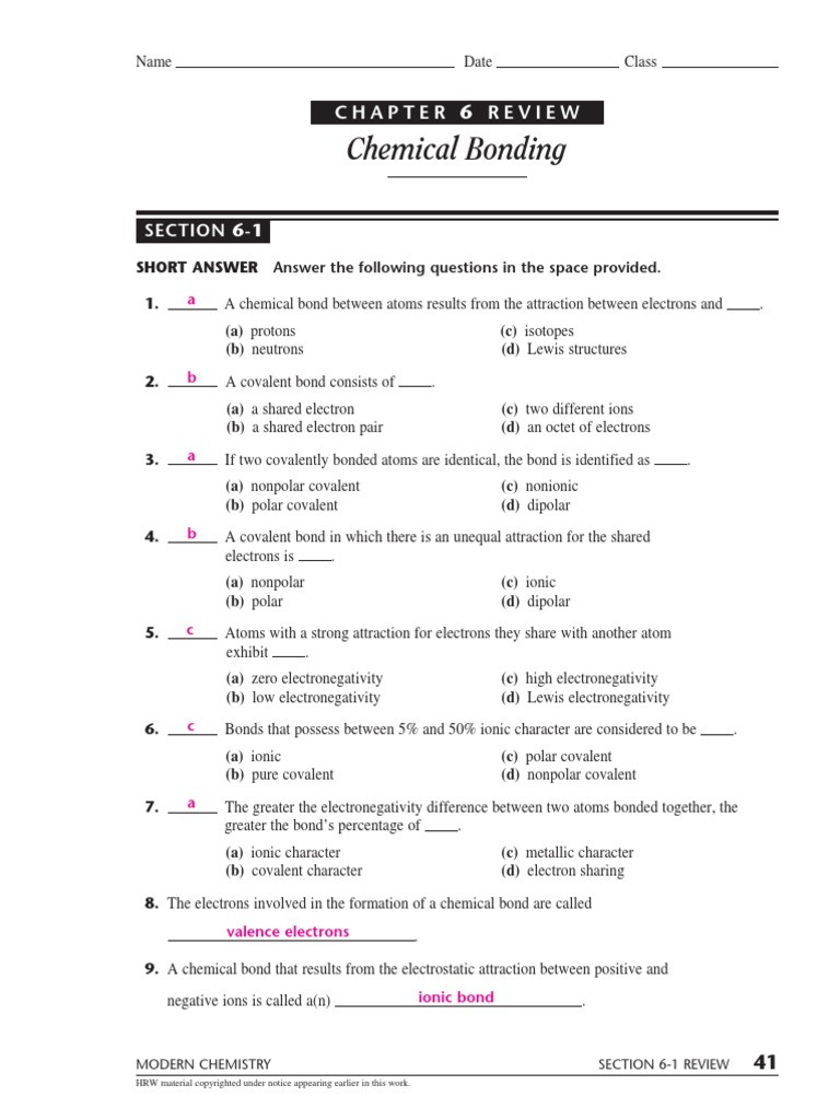 Chemical Bonding Worksheet Key Chemical Bonding Covalent Bond