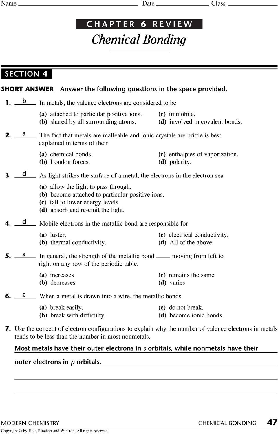 Chemical Bonds Worksheet Answers Chapter 6 Review Chemical Bonding Answer the Following