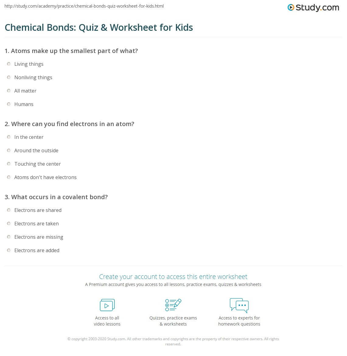Chemical Bonds Worksheet Answers Chemical Bonds Quiz &amp; Worksheet for Kids