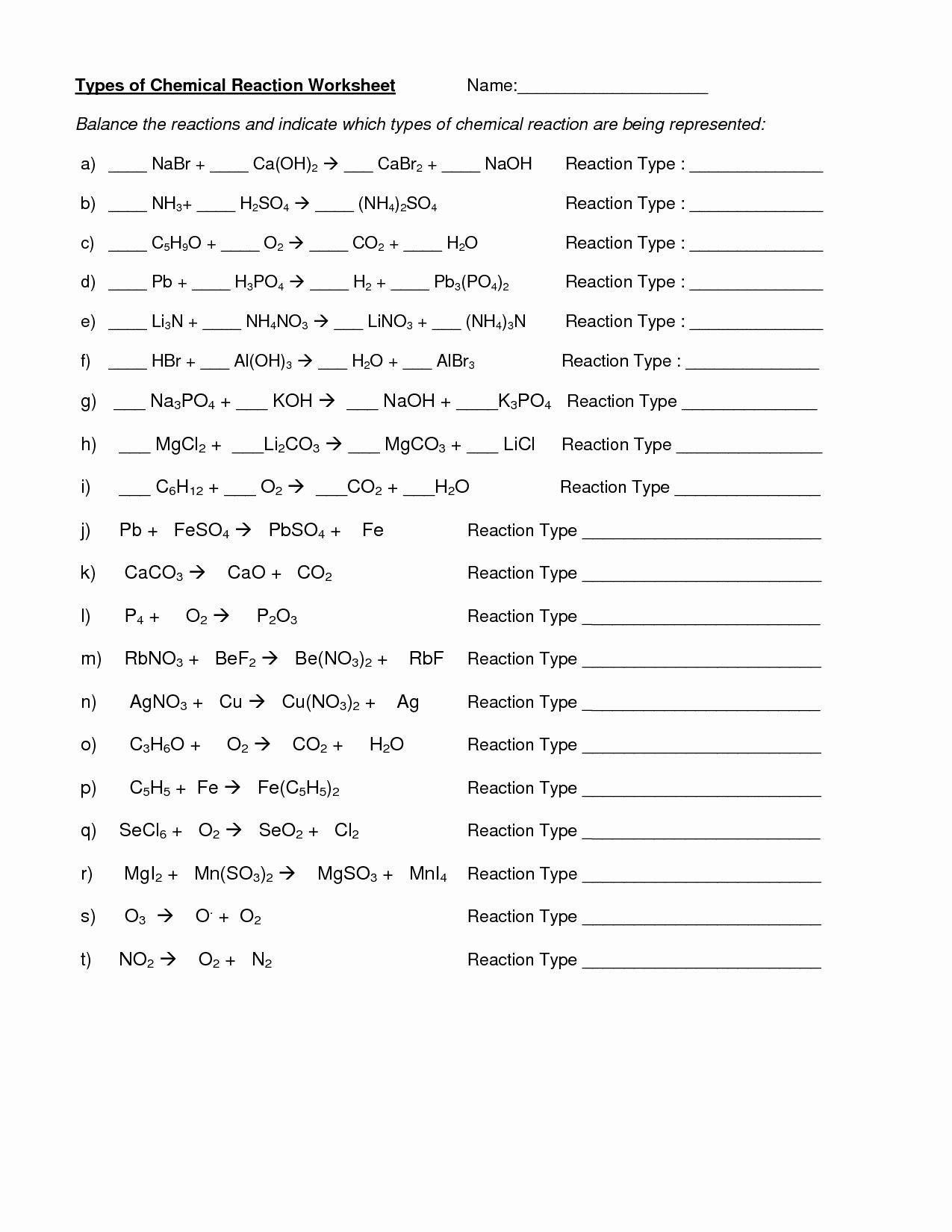 Chemical Reaction Type Worksheet 50 Classifying Chemical Reactions Worksheet Answers In 2020