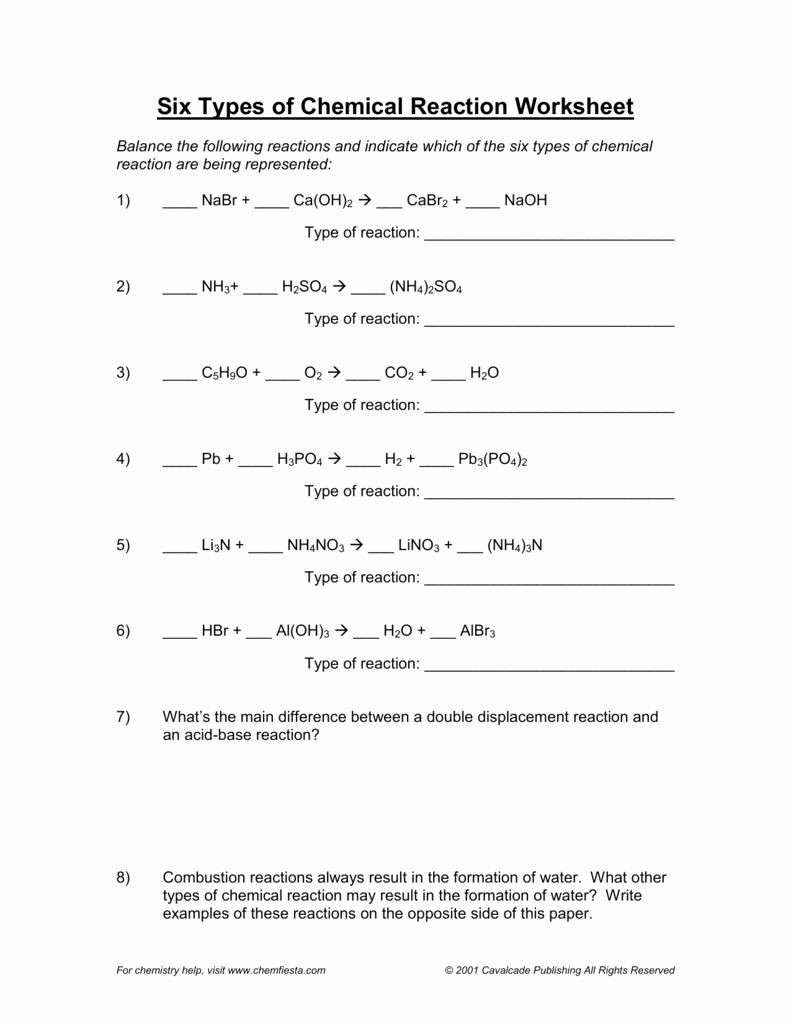 Chemical Reaction Type Worksheet Chemical Reactions Types Worksheet Unique 16 Best Types