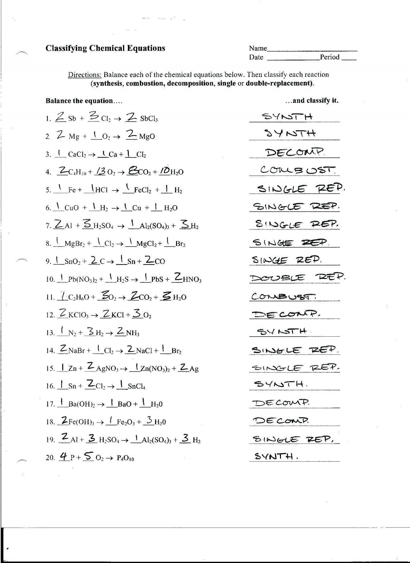 Chemical Reaction Type Worksheet Classification Reactions Worksheet