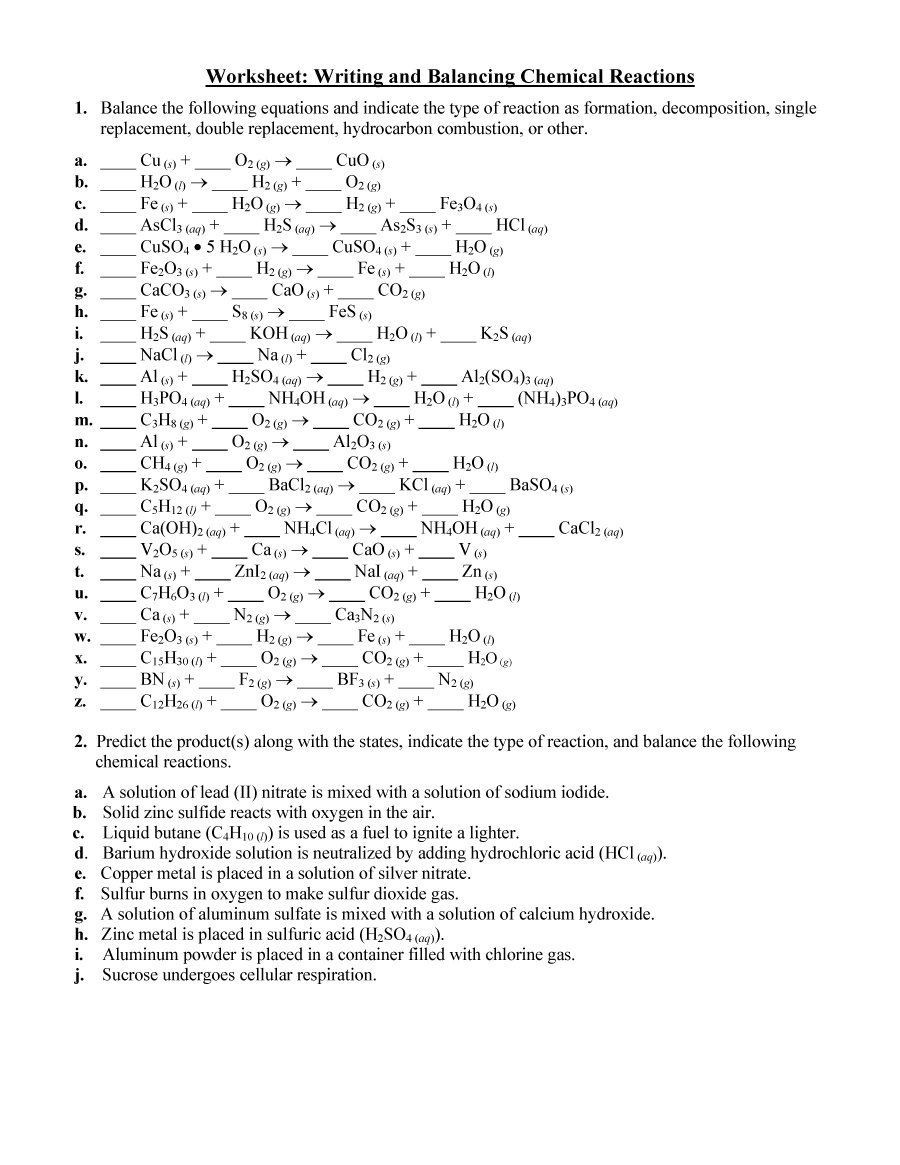 Chemical Reaction Type Worksheet Download Balancing Equations 36