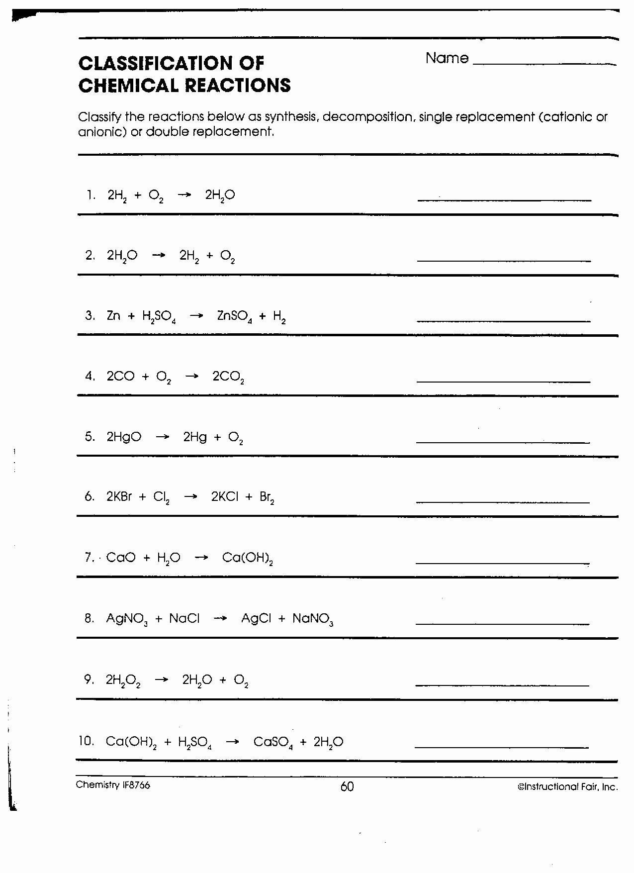 Chemical Reaction Type Worksheet Six Types Reactions Worksheet
