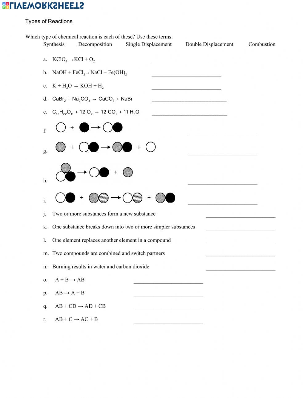 Chemical Reaction Type Worksheet Types Of Reactions Interactive Worksheet