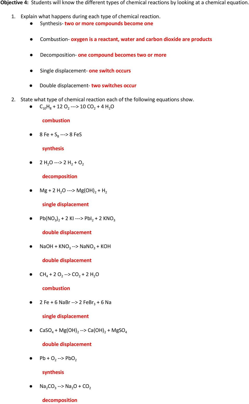 Chemical Reaction Type Worksheet Worksheet Number 6 Bustion Reactions