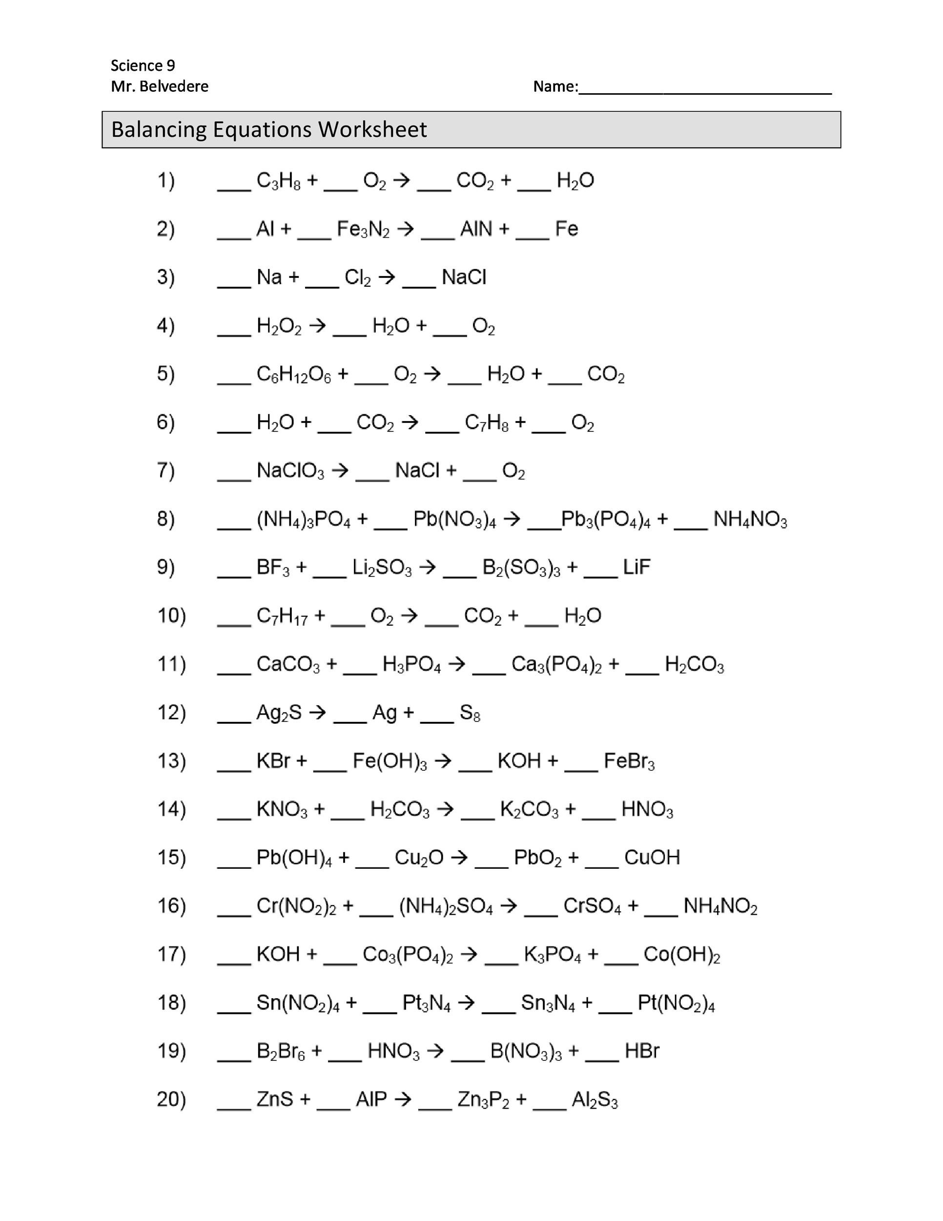 Chemical Reactions Types Worksheet Balancing Chemical Equations Worksheets with Answers