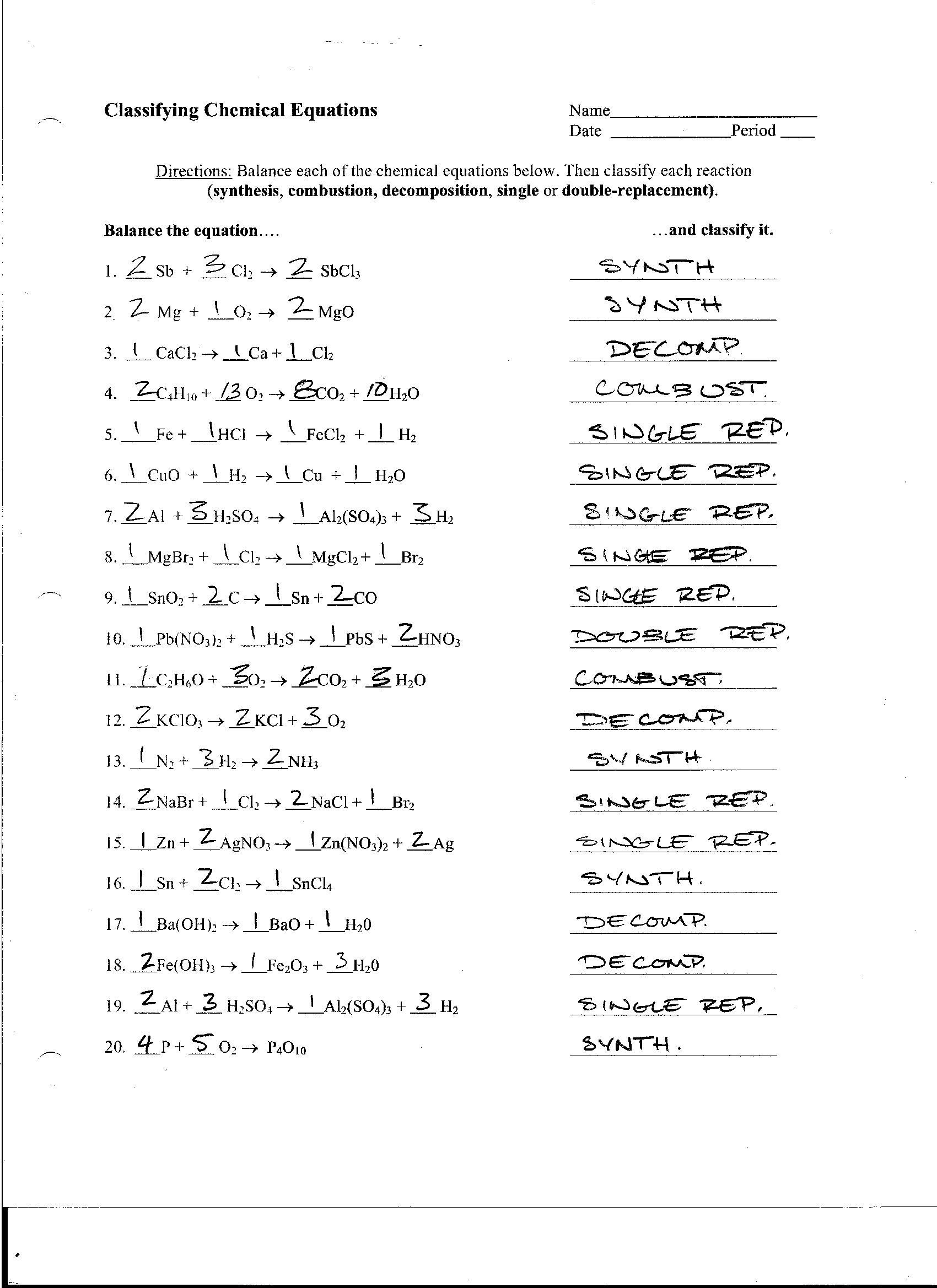 Chemical Reactions Types Worksheet Balancing Equations and Reaction Types Worksheet