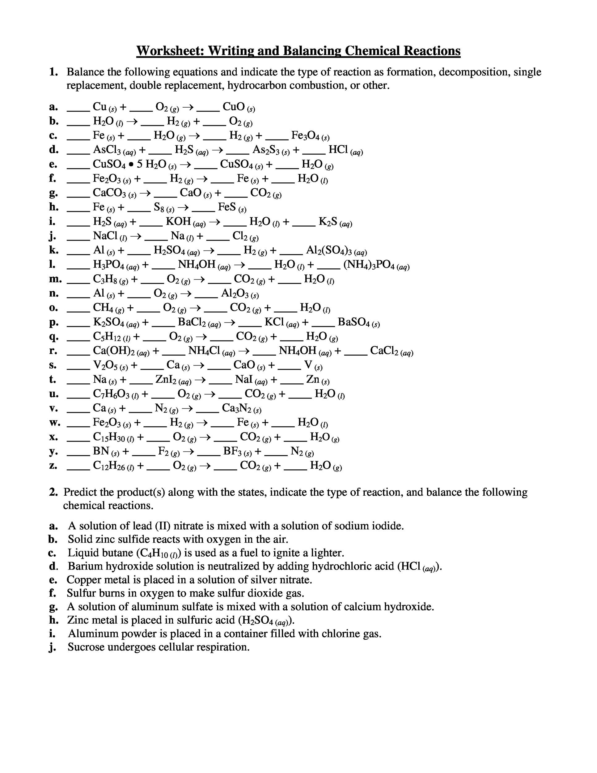 Chemical Reactions Types Worksheet Chemistry Worksheet Chemical Equations and Types