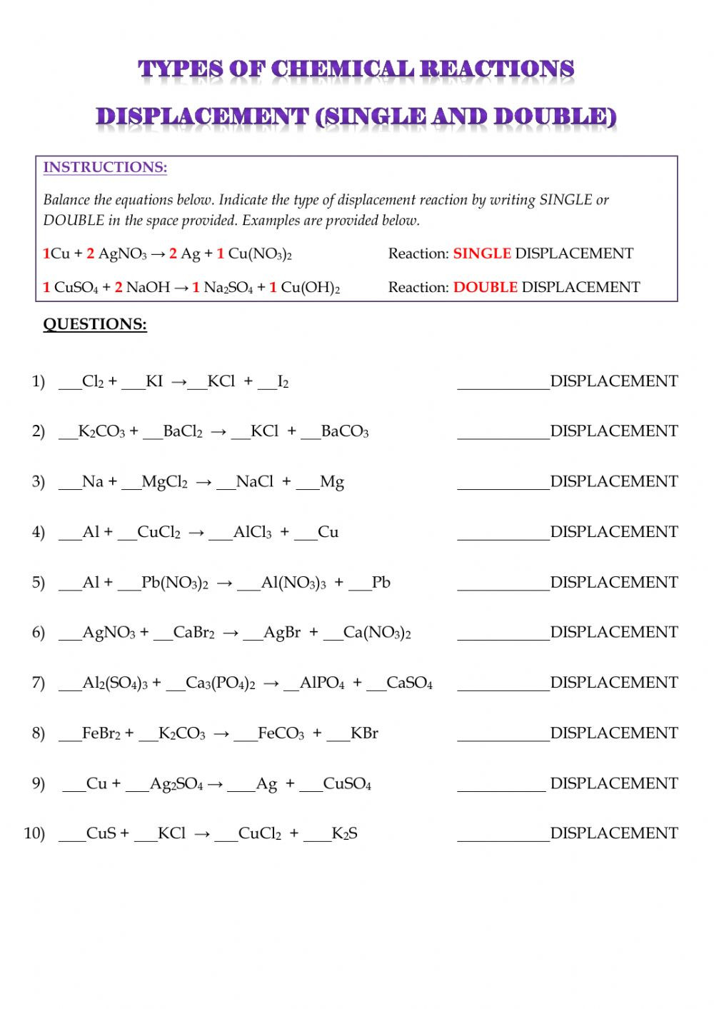 Chemical Reactions Types Worksheet Types Of Reactions Double and Single Displacement