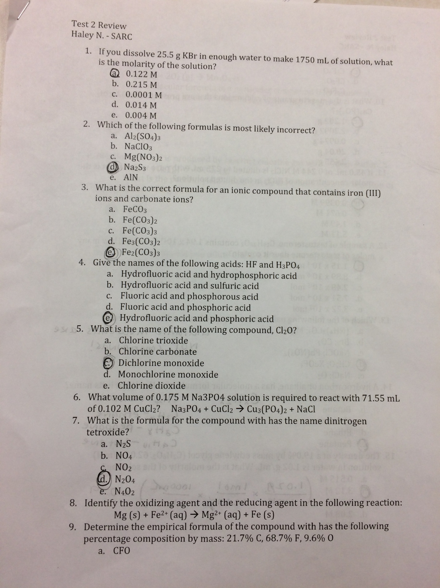 Chemistry Review Worksheet Answers Chm 2045 – Sarc Peer Tutoring Ucf