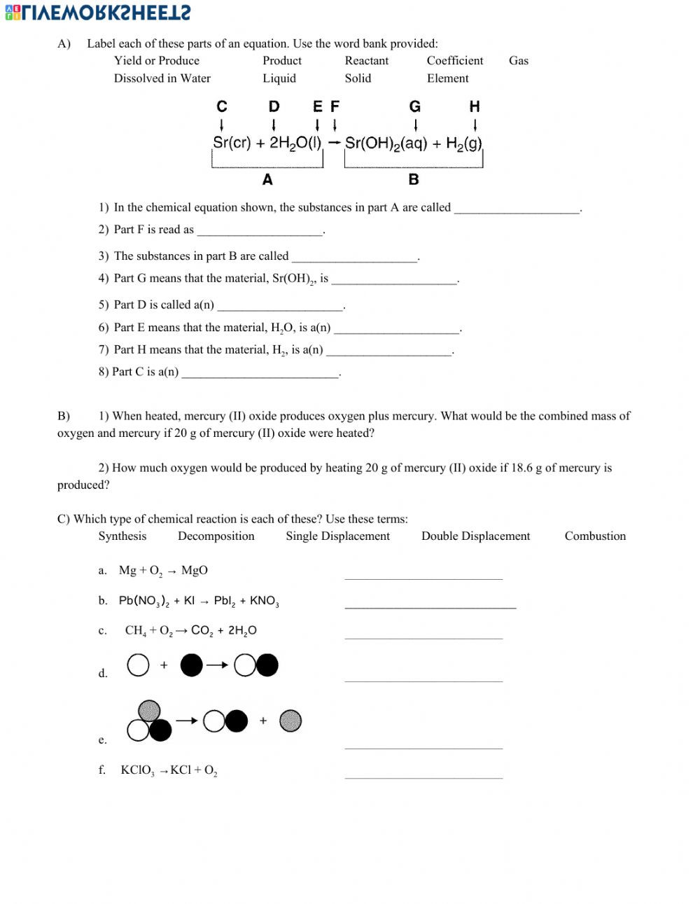 Chemistry Review Worksheet Answers Reaction Review Interactive Worksheet