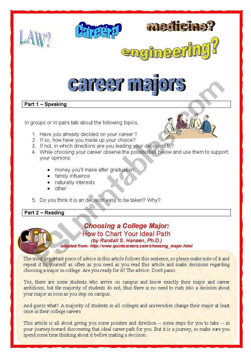 Choosing A College Worksheet 4 Skills Activity Career Majors Esl Worksheet by