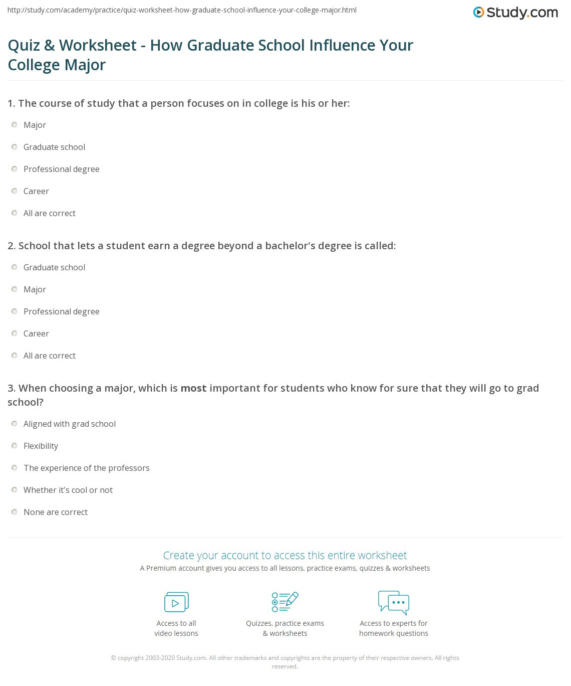 Choosing A College Worksheet Quiz &amp; Worksheet How Graduate School Influence Your