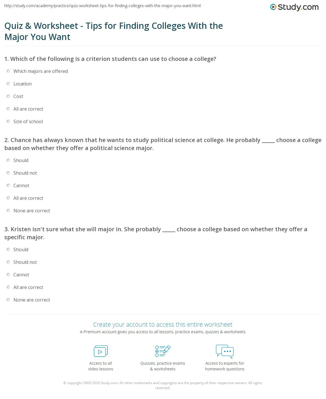 Choosing A College Worksheet Quiz &amp; Worksheet Tips for Finding Colleges with the Major