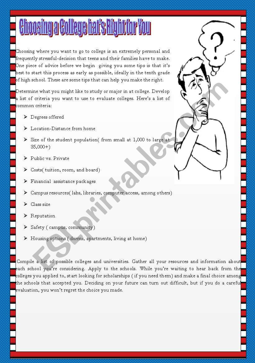 Choosing A College Worksheet Reading Choosing the Right College Esl Worksheet by Napster